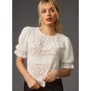 Cottage Core Anthropologie Textured Lace Ruffle Puff Sleeve Top White Cream